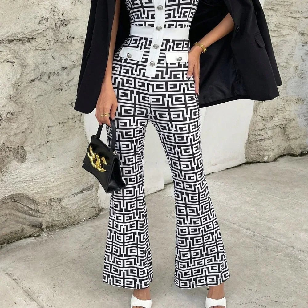 White & Black Preppy Womens Geo Print Button Front Tube Jumpsuit - Picture 3 of 6